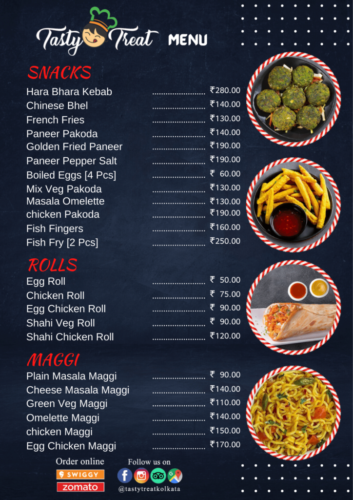 Explore a tantalizing array of snacks, rolls, and Maggi at Tasty Treat Restaurant, Kolkata. A visual feast capturing the irresistible textures and flavors, promising a delightful culinary journey with every bite.