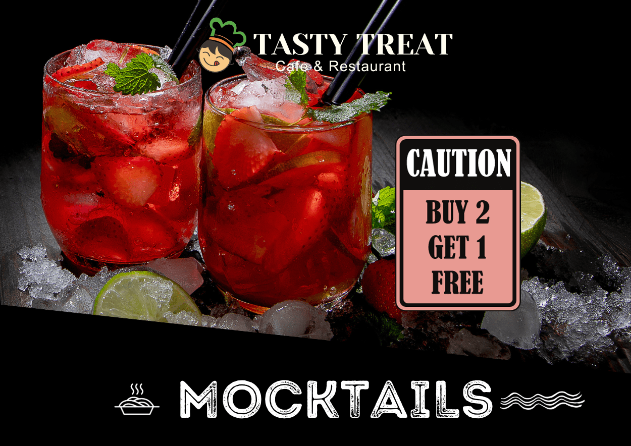 Colorful array of refreshing mocktails with a banner that reads 'Buy 2 Get 1 Free Offer.' Perfect for enjoying a variety of non-alcoholic drinks at a great deal