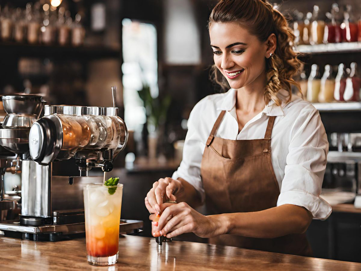 A barista at Tasty Treat Restaurant meticulously preparing a beverage, showcasing the art and precision that goes into every cup of coffee.