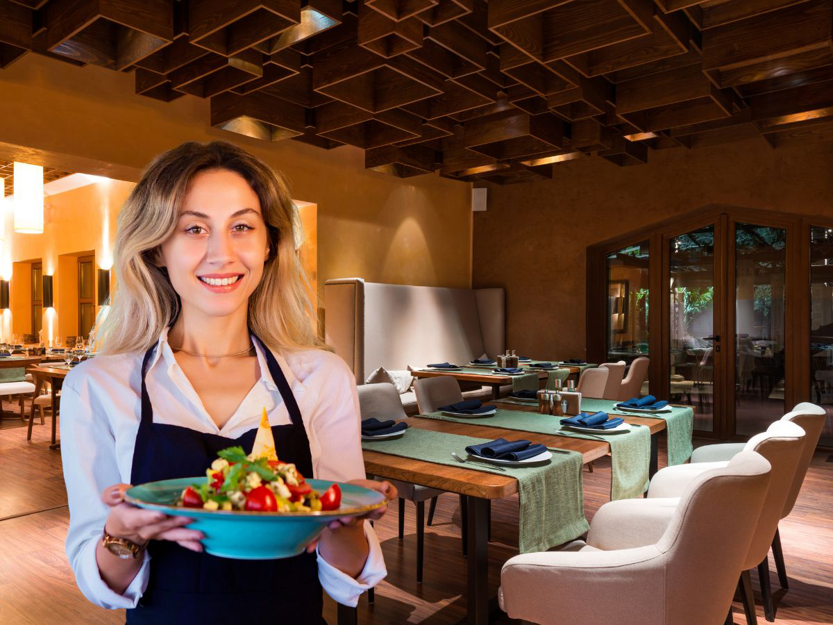 A hostess at Tasty Treat Restaurant warmly welcoming guests, embodying hospitality and creating a inviting atmosphere for all